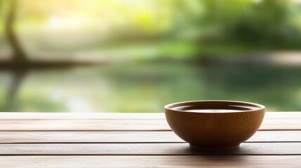 Serene wooden table with a brown bowl of water set against a tranquil natural backdrop