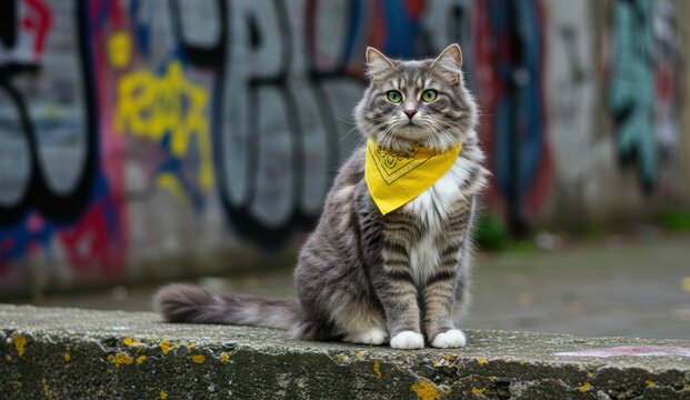 Gray tabby cat with yellow bandana sits in urban alley with graffiti background, showcasing playful urban lifestyle.