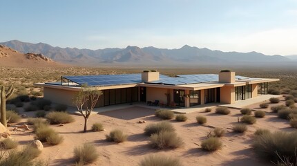 Naklejka premium Modern Desert House with Solar Panels and Distant Mountain Range