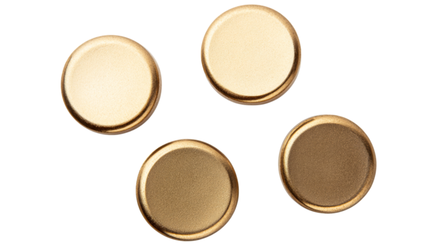 Golden buttons with slight texture, circular shapes, cut out transparent