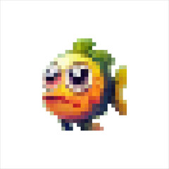 Fototapeta premium Pixel fish of different shapes and colors. Interesting sea creatures. Cartoon fish and sea inhabitants