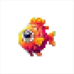 Fototapeta premium Pixel fish of different shapes and colors. Interesting sea creatures. Cartoon fish and sea inhabitants