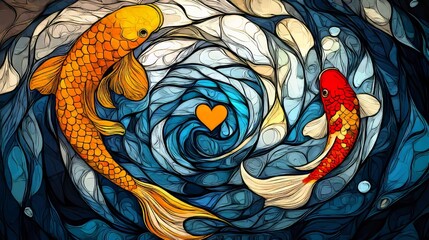 Stained glass style artwork of two koi fish swimming in swirling blue water, floating heart, symbolizing harmony, duality, and balance in a vibrant artistic water design
