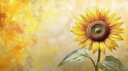 Vibrant Sunflower Painting on Golden Background with Detailed Petals and Leaves