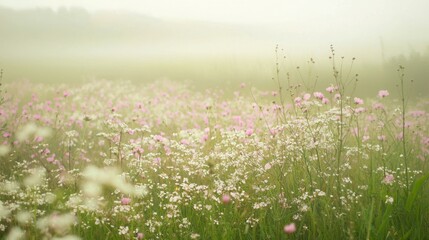 Naklejka premium A misty meadow covered in soft pink and white wildflowers