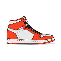 Orange and gray high-top basketball shoes are isolated on white.