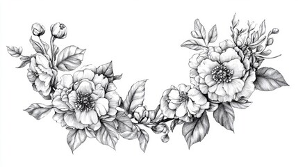 Detailed Floral Drawing of Peonies with Buds and Leaves Graphite Art