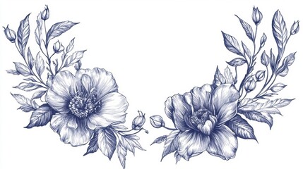 Floral Sketch Illustration Two Flowers and Leaves in Blue Ink