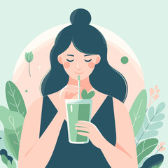 Young woman feeling refreshed, sipping green smoothie in a serene environment