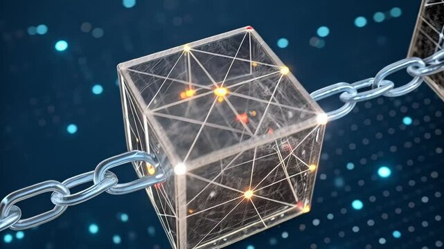 Digital blockchain concept with interconnected cubes and chain links on blue background design