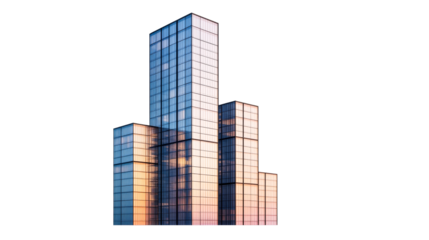 Modern building with blue and golden glass facade, cut out transparent