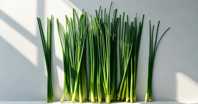 Fresh Chinese chive leaves set against a white background.