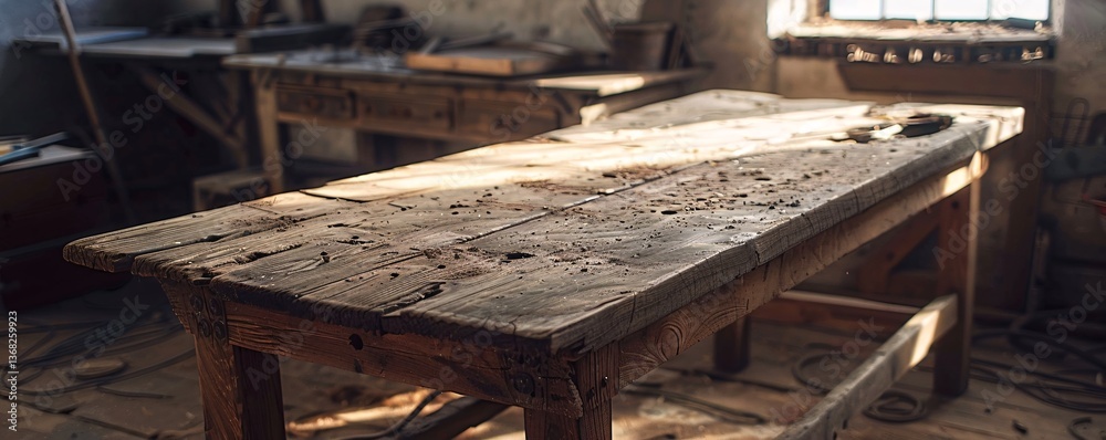 Poster Sunlight streams through a window, illuminating an old wooden workbench in a deserted workshop