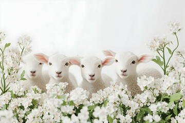Adorable lambs with white flowers create a serene spring image, perfect for Easter and springtime
