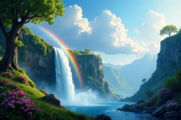 Fototapeta premium Majestic fantasy landscape with rainbow waterfall and lush greenery, fantasy, landscape