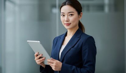 Asian businesswoman holding tablet in modern office setting, conveying confidence and professionalism, focusing on career growth.