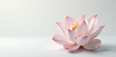 Minimalist composition featuring elegant lotus blossom on clean white backdrop, peaceful, petals