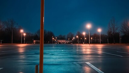 Empty nighttime parking lot illuminated by streetlights, reflecting on wet asphalt - Powered by Adobe