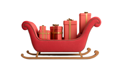 Santa's sleigh with gifts, red and gold, festive delivery, cut out transparent