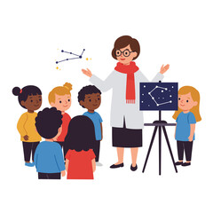 Teacher explaining constellations to children in flat vector illustration style
