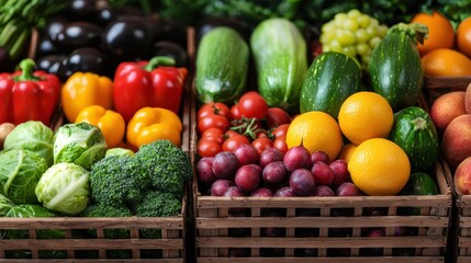 Healthy fruits and vegetables neatly arranged on shelf supermarket background wallpaper promoting healthy eating colorful display