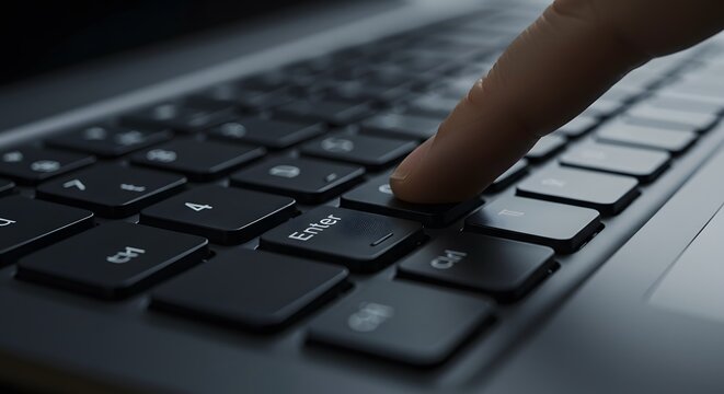 Finger pressing enter key on a laptop keyboard for submission