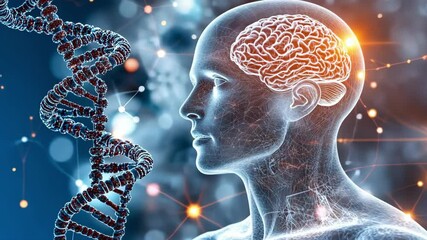 Human brain and dna spiral: neural connections and genetic science interface - Powered by Adobe