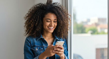 Happy Woman Using Smartphone by Window in Bright Room