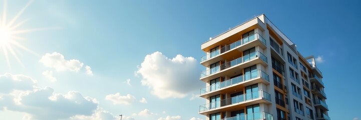 Fototapeta premium Modern apartment building under a bright, cloudy sky in Madrid, Spain, exterior, residential