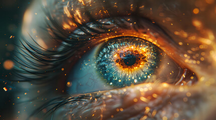 Close-up of a mesmerizing human eye with vibrant colors and sparkling effects, set against a dark background