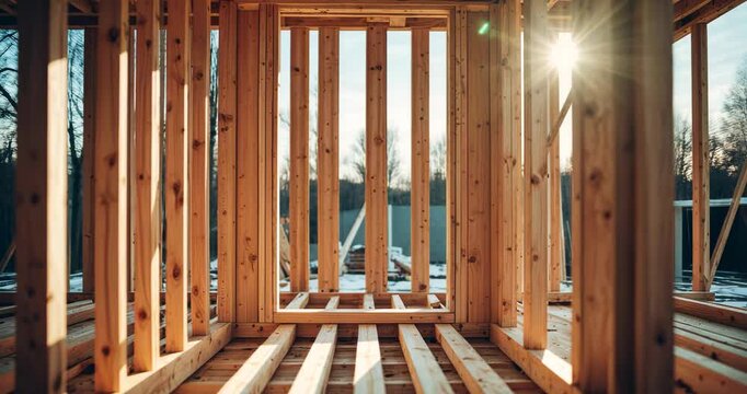 Close-up of wooden framing for a doorway in a house that is being built.