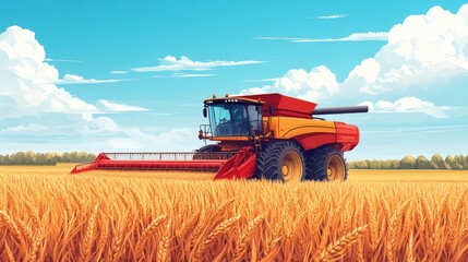 Obraz premium Combine harvester harvesting wheat in a golden field under a bright summer sky.