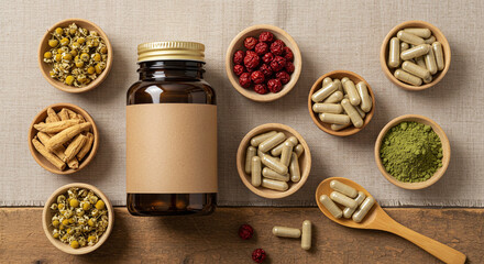 Amber Supplement Bottle Mockup with Natural Herbal Ingredients – Blank Label for Branding