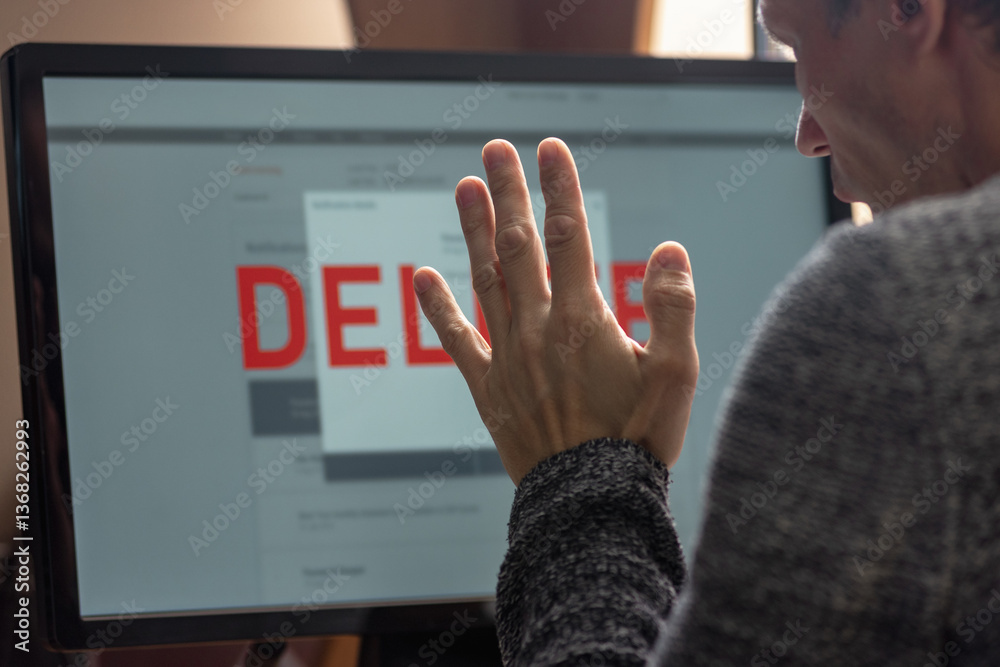 Poster Confused man looking at computer screen with text delete and having debt problems. Man focused on computer monitor, preparing to delete account and erase data