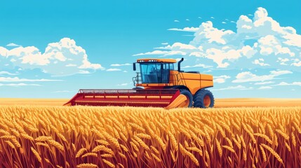 Obraz premium Combine harvester in golden wheat field under a blue summer sky.