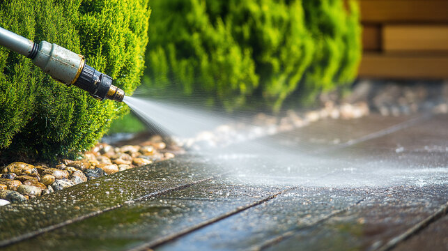 Power washing a patio surface, using a high-pressure water stream to clean the outdoor paved area and achieve a refreshed, spotless appearance.