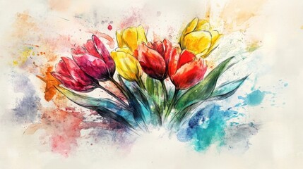 Watercolor Painting of Tulips in Bloom with Vibrant Colors and Splatters