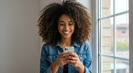 Happy Woman Using Smartphone by Window in Bright Room