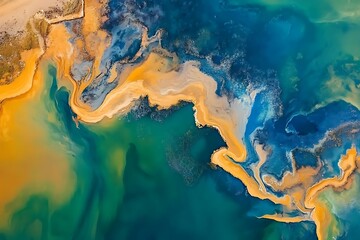 Abstract aerial view of colorful river and landscape with interesting patterns and shapes