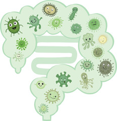 A vector illustration of various cute and friendly bacteria inside the human intestine, representing the gut microbiome and digestive health