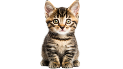 Adorable brown striped tabby kitten with green eyes, cut out transparent