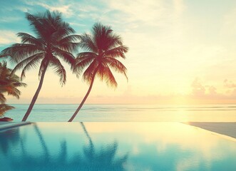 Fototapeta premium Beautiful tropical beach with swimming pool and palm trees at sunset, luxury vacation background. Vintage tone effect. The photo was taken in the Maldives on an island resort. A large empty swimming .
