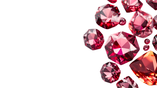 Sparkling red gemstones arrangement on black backdrop , cut out transparent
