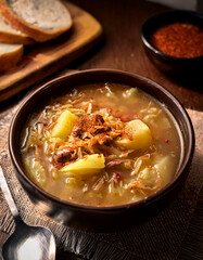 A bowl of warm Czech zel_a_ka soup made with sauerkraut, potatoes, and topped with smoked paprika seasoning