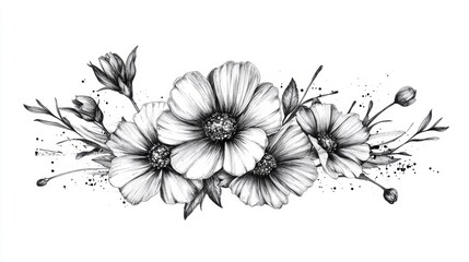 Detailed Floral Drawing Featuring Blooming Flowers and Buds on White Background