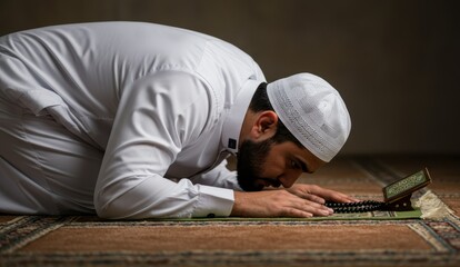 Arab man praying on rug with Quran in mosque. Evokes spirituality and devotion in a serene environment.