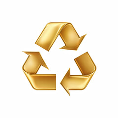 Realistic gold recycling symbol with three curved arrows forming a loop, ideal for luxury eco-friendly branding. Isolated on transparent background.
