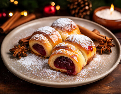 A plate of Czech buchty rolls stuffed with warm marmalade, powdered sugar dusted on top, and cinnamon garnish