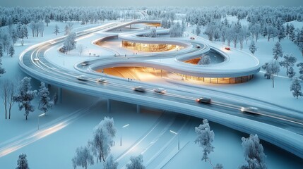 Futuristic Highway Interchange in a Snowy Winter Landscape