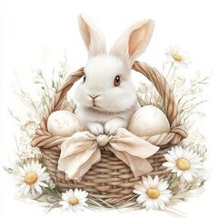Obraz premium Watercolor white Easter bunny in basket with Easter eggs isolated on white background